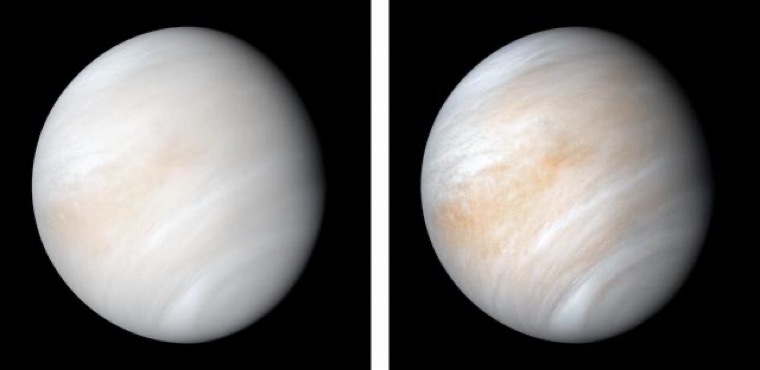 Two false-colour Mariner 10 views of Venus, with enhanced cloud contrast on the right
